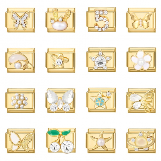 Picture of 1 Piece 304 Stainless Steel Italian Charm Links For DIY Bracelet Jewelry Making Wholesale Gold Plated Rectangle Butterfly 10mm x 9mm