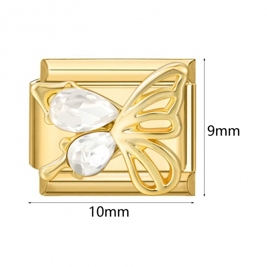 Picture of 1 Piece 304 Stainless Steel Italian Charm Links For DIY Bracelet Jewelry Making Wholesale Gold Plated Rectangle Butterfly 10mm x 9mm