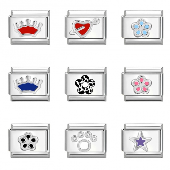Picture of 1 Piece 304 Stainless Steel Italian Charm Links For DIY Bracelet Jewelry Making Wholesale Silver Tone Enamel Rectangle 10mm x 9mm