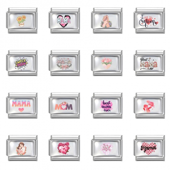 Picture of 304 Stainless Steel Mother's Day Italian Charm Links For DIY Bracelet Jewelry Making Wholesale Silver Tone Rectangle 10mm x 9mm
