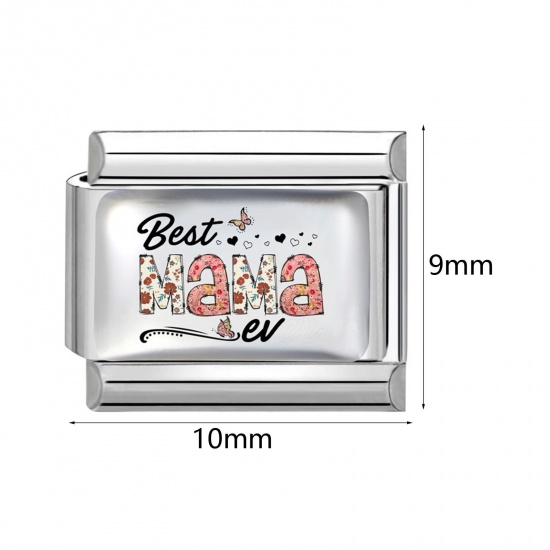 Picture of 304 Stainless Steel Mother's Day Italian Charm Links For DIY Bracelet Jewelry Making Wholesale Silver Tone Rectangle 10mm x 9mm