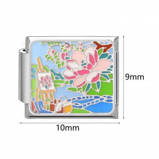 Picture of 304 Stainless Steel Oil Painting Style Italian Charm Links For DIY Bracelet Jewelry Making Wholesale Silver Tone Rectangle Enamel 10mm x 9mm