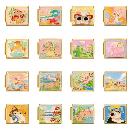 Immagine di 1 Pz 304 Acciaio Inossidabile Stile della Pittura a Olio Bracciale con Charm Italiano a Maglie, Creazione di Gioielli Fai-da-te All'Ingrosso Oro Placcato Rettangolo Smalto 10mm x 9mm