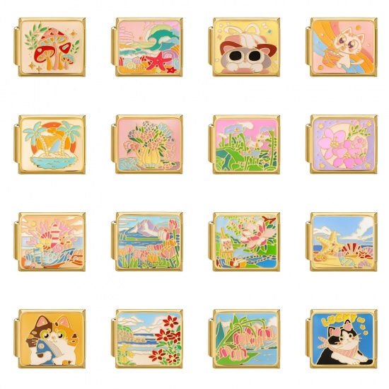 Picture of 304 Stainless Steel Oil Painting Style Italian Charm Links For DIY Bracelet Jewelry Making Wholesale Gold Plated Rectangle Enamel 10mm x 9mm