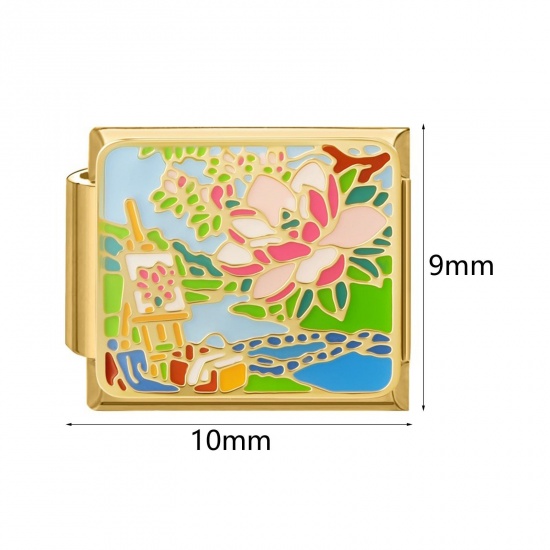Picture of 304 Stainless Steel Oil Painting Style Italian Charm Links For DIY Bracelet Jewelry Making Wholesale Gold Plated Rectangle Enamel 10mm x 9mm