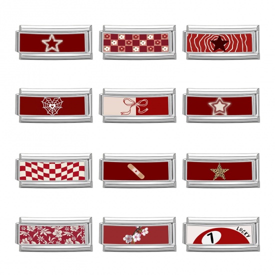 Picture of 304 Stainless Steel Italian Charm Links For DIY Bracelet Jewelry Making Wholesale Silver Tone Red Rectangle 20mm x 9mm