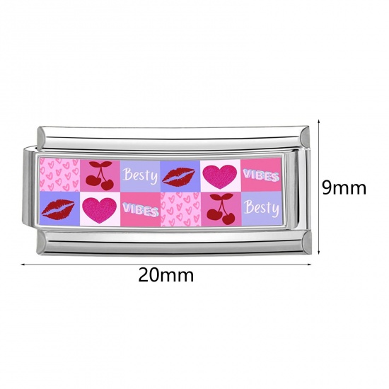 Picture of 304 Stainless Steel Italian Charm Links For DIY Bracelet Jewelry Making Wholesale Silver Tone Multicolor Rectangle 20mm x 9mm