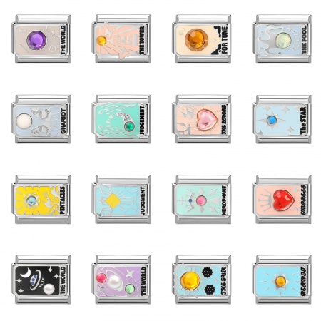 Picture of 304 Stainless Steel Tarot Italian Charm Links For DIY Bracelet Jewelry Making Wholesale Silver Tone Enamel Rectangle 10mm x 9mm