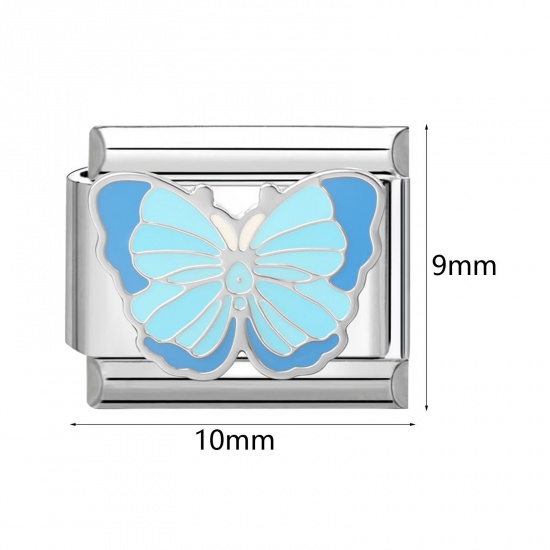 Picture of 304 Stainless Steel Italian Charm Links For DIY Bracelet Jewelry Making Wholesale Silver Tone Enamel Rectangle Heart 10mm x 9mm