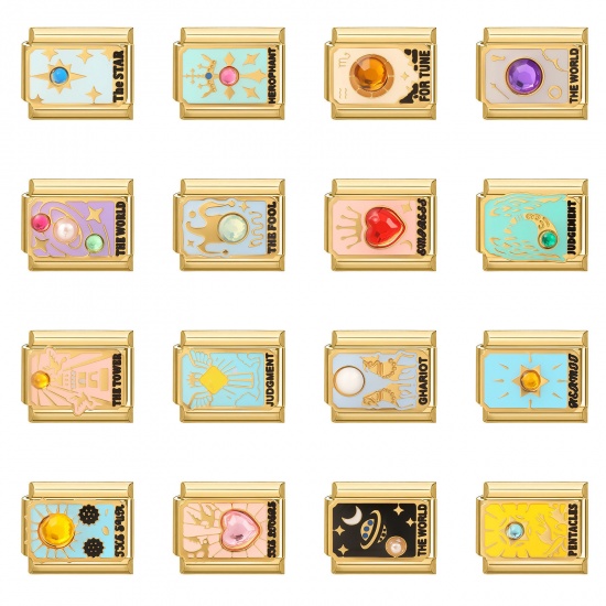 Picture of 304 Stainless Steel Tarot Italian Charm Links For DIY Bracelet Jewelry Making Wholesale Gold Plated Enamel Rectangle 10mm x 9mm