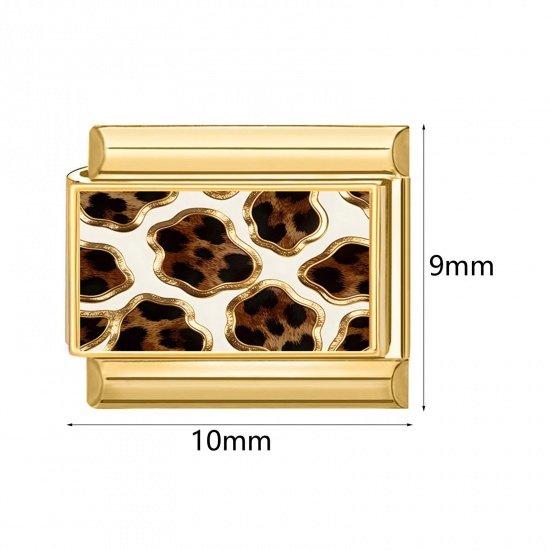 Picture of 304 Stainless Steel Italian Charm Links For DIY Bracelet Jewelry Making Wholesale Gold Plated Rectangle Leopard Print 10mm x 9mm