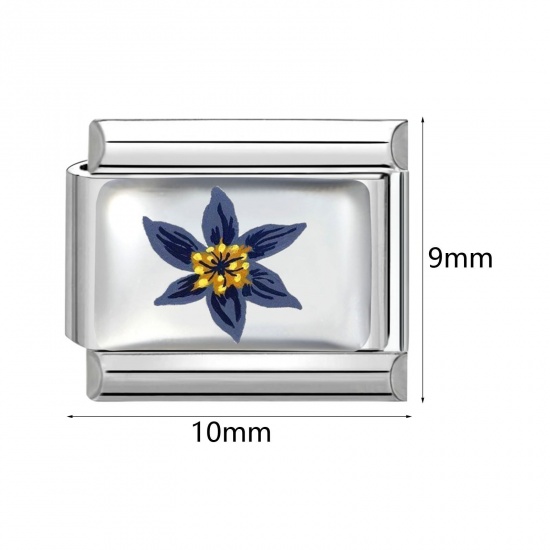 Picture of 304 Stainless Steel Italian Charm Links For DIY Bracelet Jewelry Making Wholesale Silver Tone Rectangle Flower 10mm x 9mm