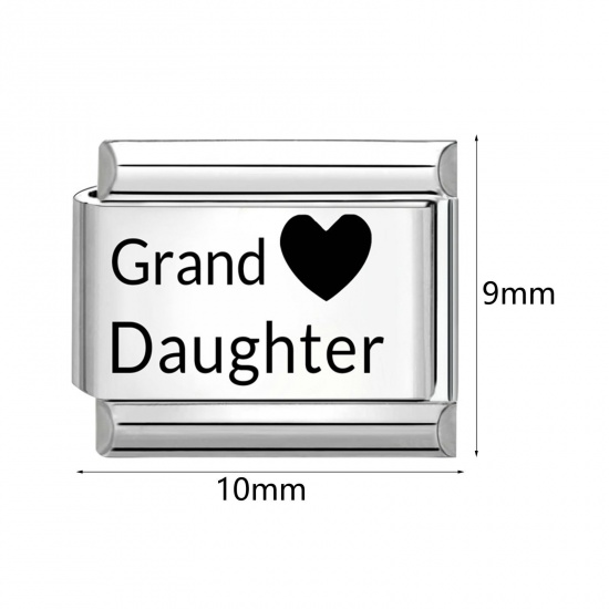 Picture of 304 Stainless Steel Italian Charm Links For DIY Bracelet Jewelry Making Wholesale Silver Tone Black Rectangle Word Message 10mm x 9mm