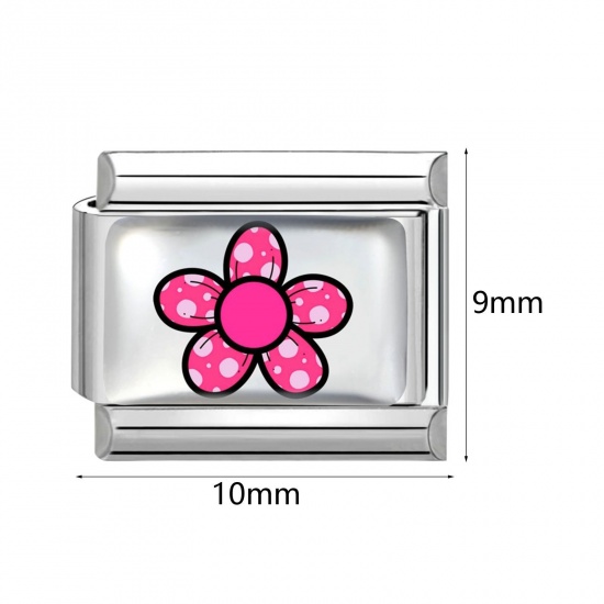 Picture of 304 Stainless Steel Italian Charm Links For DIY Bracelet Jewelry Making Wholesale Silver Tone Pink Rectangle 10mm x 9mm