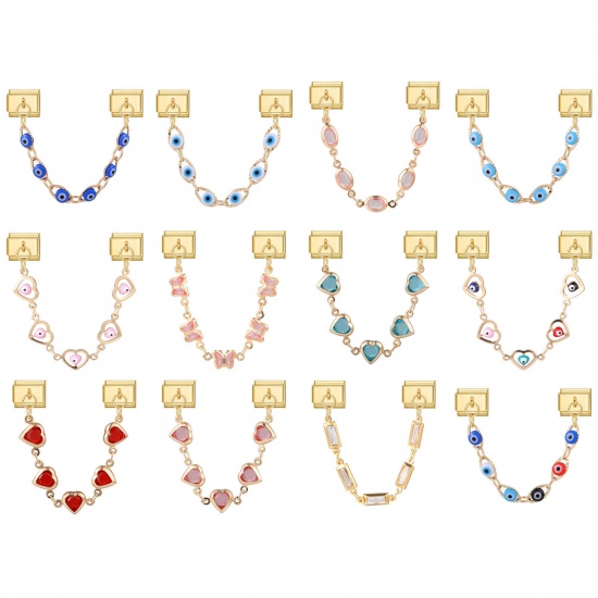 Picture of 304 Stainless Steel Italian Charm Links For DIY Bracelet Jewelry Making Wholesale Gold Plated Rectangle Evil Eye 10mm x 9mm