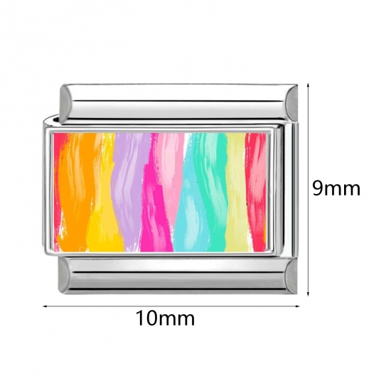 Picture of 304 Stainless Steel Italian Charm Links For DIY Bracelet Jewelry Making Wholesale Silver Tone Multicolor Rectangle 10mm x 9mm