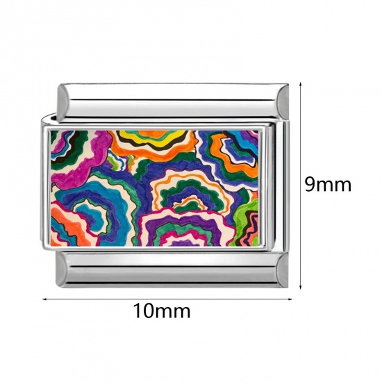 Picture of 304 Stainless Steel Italian Charm Links For DIY Bracelet Jewelry Making Wholesale Silver Tone Multicolor Rectangle Natural Scenery 10mm x 9mm