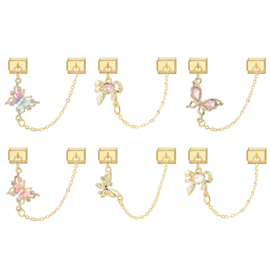 Picture of 304 Stainless Steel Italian Charm Links For DIY Bracelet Jewelry Making Wholesale Gold Plated Rectangle Butterfly 10mm x 9mm