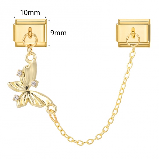 Picture of 304 Stainless Steel Italian Charm Links For DIY Bracelet Jewelry Making Wholesale Gold Plated Rectangle Butterfly 10mm x 9mm