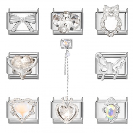 Picture of 304 Stainless Steel Italian Charm Links For DIY Bracelet Jewelry Making Wholesale Silver Tone Rectangle Heart Clear Rhinestone 10mm x 9mm