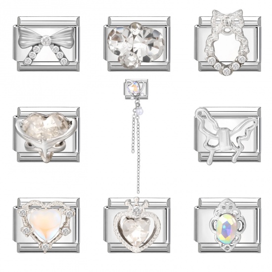 Picture of 304 Stainless Steel Italian Charm Links For DIY Bracelet Jewelry Making Wholesale Silver Tone Rectangle Heart Clear Rhinestone 10mm x 9mm