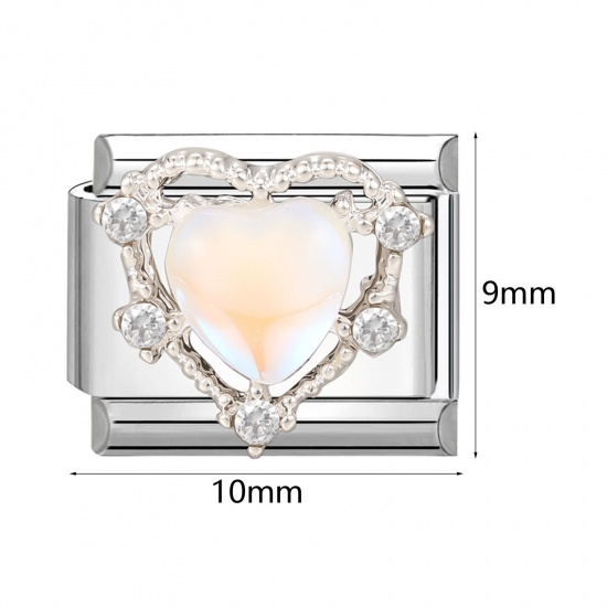 Picture of 304 Stainless Steel Italian Charm Links For DIY Bracelet Jewelry Making Wholesale Silver Tone Rectangle Heart Clear Rhinestone 10mm x 9mm
