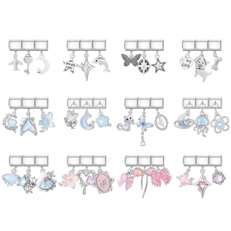 Immagine di 1 Set ( 3 Pz/Serie) 304 Acciaio Inossidabile Bracciale con Charm Italiano a Maglie, Creazione di Gioielli Fai-da-te All'Ingrosso Multicolore Farfalla Fiore 10mm x 9mm