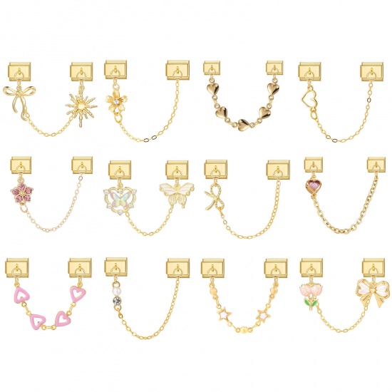 Picture of 304 Stainless Steel Stylish Italian Charm Links For DIY Bracelet Jewelry Making Wholesale Gold Plated Rectangle Heart 10mm x 9mm