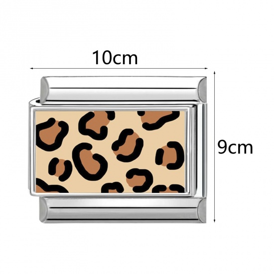 Picture of 304 Stainless Steel Stylish Italian Charm Links For DIY Bracelet Jewelry Making Wholesale Silver Tone Rectangle Leopard Print 10mm x 9mm