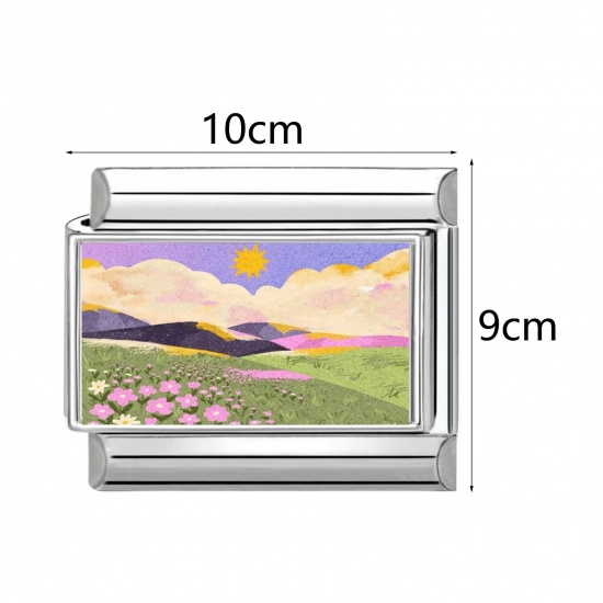 Picture of 304 Stainless Steel Stylish Italian Charm Links For DIY Bracelet Jewelry Making Wholesale Silver Tone Rectangle Natural Scenery 10mm x 9mm