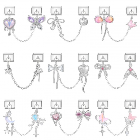 Immagine di 1 Set 304 Acciaio Inossidabile Elegante Bracciale con Charm Italiano a Maglie, Creazione di Gioielli Fai-da-te All'Ingrosso Tono Argento Rettangolo Cravatta a Farfalla 10mm x 9mm