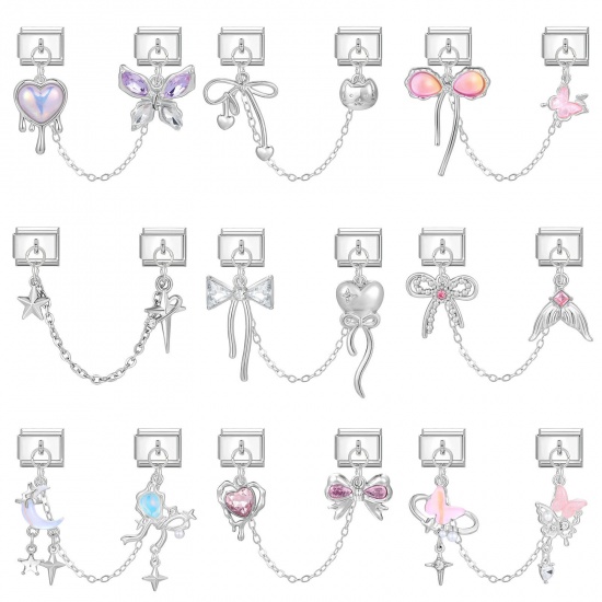 1 組 304ステンレス鋼 おしゃれ ペンダント チャーム イタリアンリンク ブレスレット作り DIY ハンドメイド ジュエリーアクセサリー 卸売り シルバートーン 長方形 ちょう結び 10mmx 9mm、 の画像