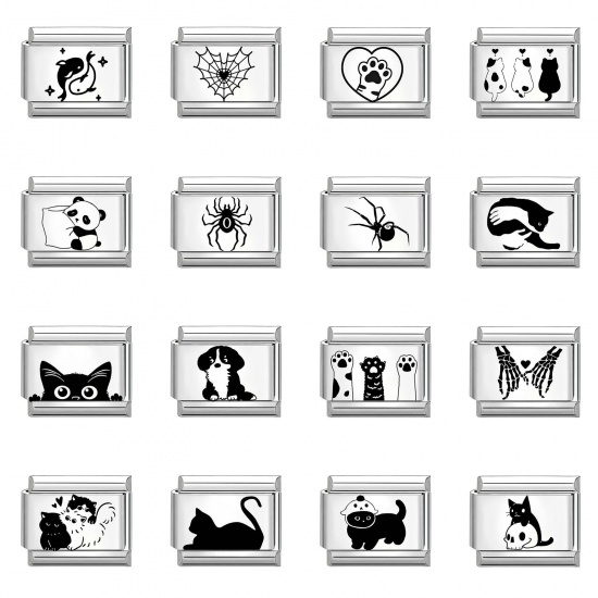 Picture of 304 Stainless Steel Stylish Italian Charm Links For DIY Bracelet Jewelry Making Wholesale Silver Tone Black Rectangle Animal 10mm x 9mm