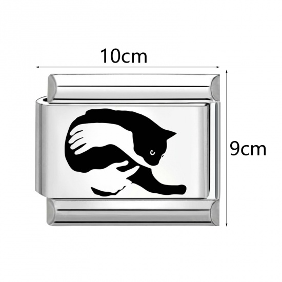 Picture of 304 Stainless Steel Stylish Italian Charm Links For DIY Bracelet Jewelry Making Wholesale Silver Tone Black Rectangle Animal 10mm x 9mm