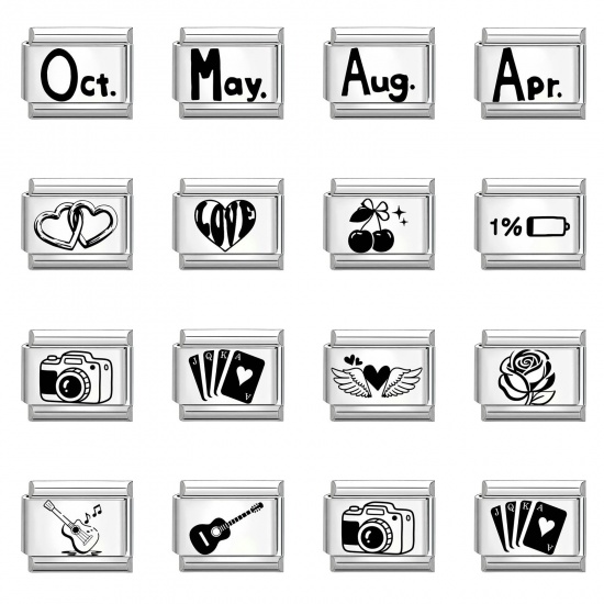 Picture of 304 Stainless Steel Stylish Italian Charm Links For DIY Bracelet Jewelry Making Wholesale Silver Tone Black Rectangle Word Message 10mm x 9mm