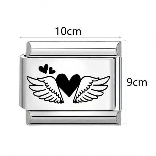 Picture of 304 Stainless Steel Stylish Italian Charm Links For DIY Bracelet Jewelry Making Wholesale Silver Tone Black Rectangle Word Message 10mm x 9mm
