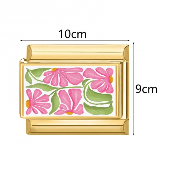 Picture of 304 Stainless Steel Stylish Italian Charm Links For DIY Bracelet Jewelry Making Wholesale Gold Plated Pink Rectangle 10mm x 9mm