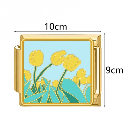 Picture of 304 Stainless Steel Stylish Italian Charm Links For DIY Bracelet Jewelry Making Wholesale Gold Plated Rectangle Flower 10mm x 9mm