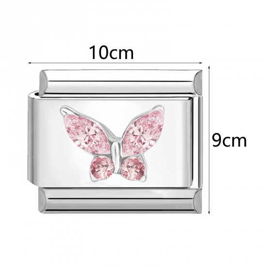 Picture of 304 Stainless Steel Stylish Italian Charm Links For DIY Bracelet Jewelry Making Wholesale Silver Tone Rectangle Butterfly 10mm x 9mm