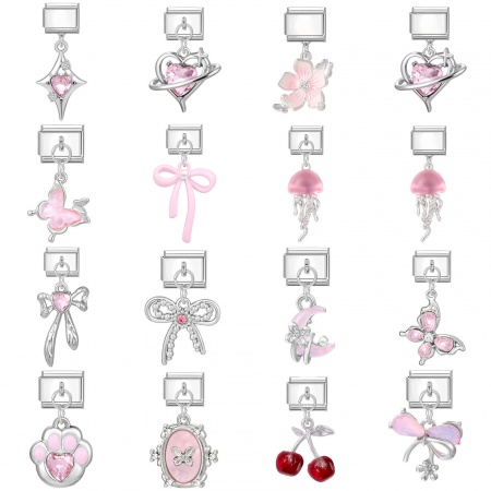 Picture of 304 Stainless Steel Stylish Italian Charm Links For DIY Bracelet Jewelry Making Wholesale Silver Tone Pink Rectangle Bowknot 10mm x 9mm