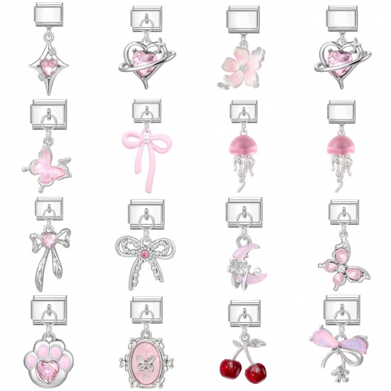 Picture of 304 Stainless Steel Stylish Italian Charm Links For DIY Bracelet Jewelry Making Wholesale Silver Tone Pink Rectangle Bowknot 10mm x 9mm