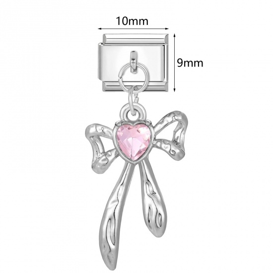 Picture of 304 Stainless Steel Stylish Italian Charm Links For DIY Bracelet Jewelry Making Wholesale Silver Tone Pink Rectangle Bowknot 10mm x 9mm