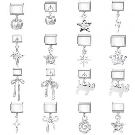 Picture of 304 Stainless Steel Stylish Italian Charm Links For DIY Bracelet Jewelry Making Wholesale Silver Tone Rectangle Star 10mm x 9mm