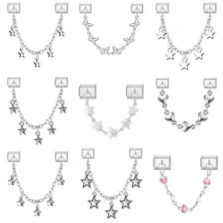Immagine di 1 Set 304 Acciaio Inossidabile Elegante Bracciale con Charm Italiano a Maglie, Creazione di Gioielli Fai-da-te All'Ingrosso Tono Argento Rettangolo Stella a Cinque Punte 10mm x 9mm