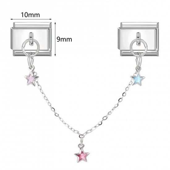 Picture of 304 Stainless Steel Stylish Italian Charm Links For DIY Bracelet Jewelry Making Wholesale Silver Tone Rectangle Pentagram Star 10mm x 9mm