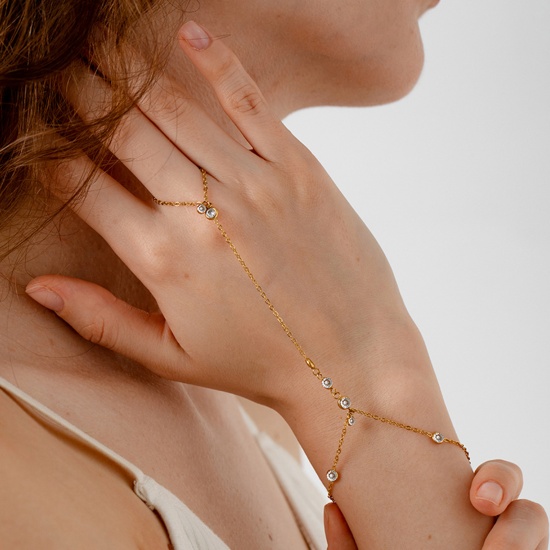 Picture of Wholesale 304 Stainless Steel & Rhinestone Handmade Link Chain Hand Chain Slave Finger Ring Bracelet, 18K Gold Plated PVD, Women's Stylish Dainty Gift Jewelry Supply, 1 Piece
