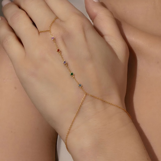 Picture of Wholesale 304 Stainless Steel & Rhinestone Handmade Link Chain Hand Chain Slave Finger Ring Bracelet, 18K Gold Plated PVD, Women's Stylish Dainty Gift Jewelry Supply, 1 Piece
