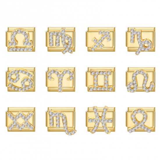 Picture of 304 Stainless Steel & Zinc Based Alloy Italian Charm Links For DIY Modular Bracelet Watch Jewelry Making Wholesale Gold Plated Rectangle Zodiac Constellation Clear Rhinestone 10mm x 9mm