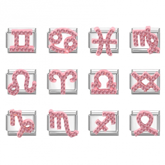 Picture of 304 Stainless Steel & Zinc Based Alloy Italian Charm Links For DIY Modular Bracelet Watch Jewelry Making Wholesale Silver Tone Rectangle Zodiac Constellation Pink Rhinestone 10mm x 9mm