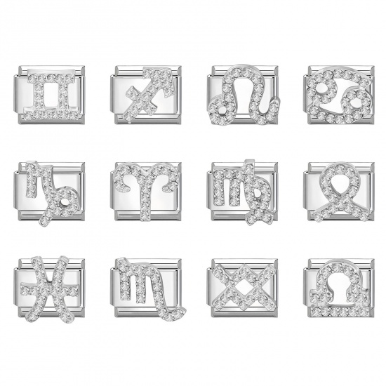 Picture of 304 Stainless Steel & Zinc Based Alloy Italian Charm Links For DIY Modular Bracelet Watch Jewelry Making Wholesale Silver Tone Rectangle Zodiac Constellation Clear Rhinestone 10mm x 9mm